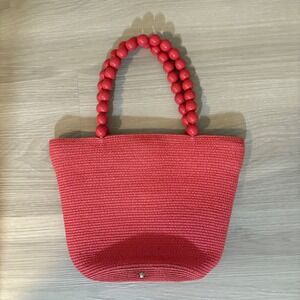 Talbots Tote Women Woven Coral Pink Beaded Handle Beach Bag Purse Summer Handbag
